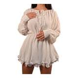 White Long Sleeve Dress with Ruffle Hem & Lace-Up Neckline | House of GK